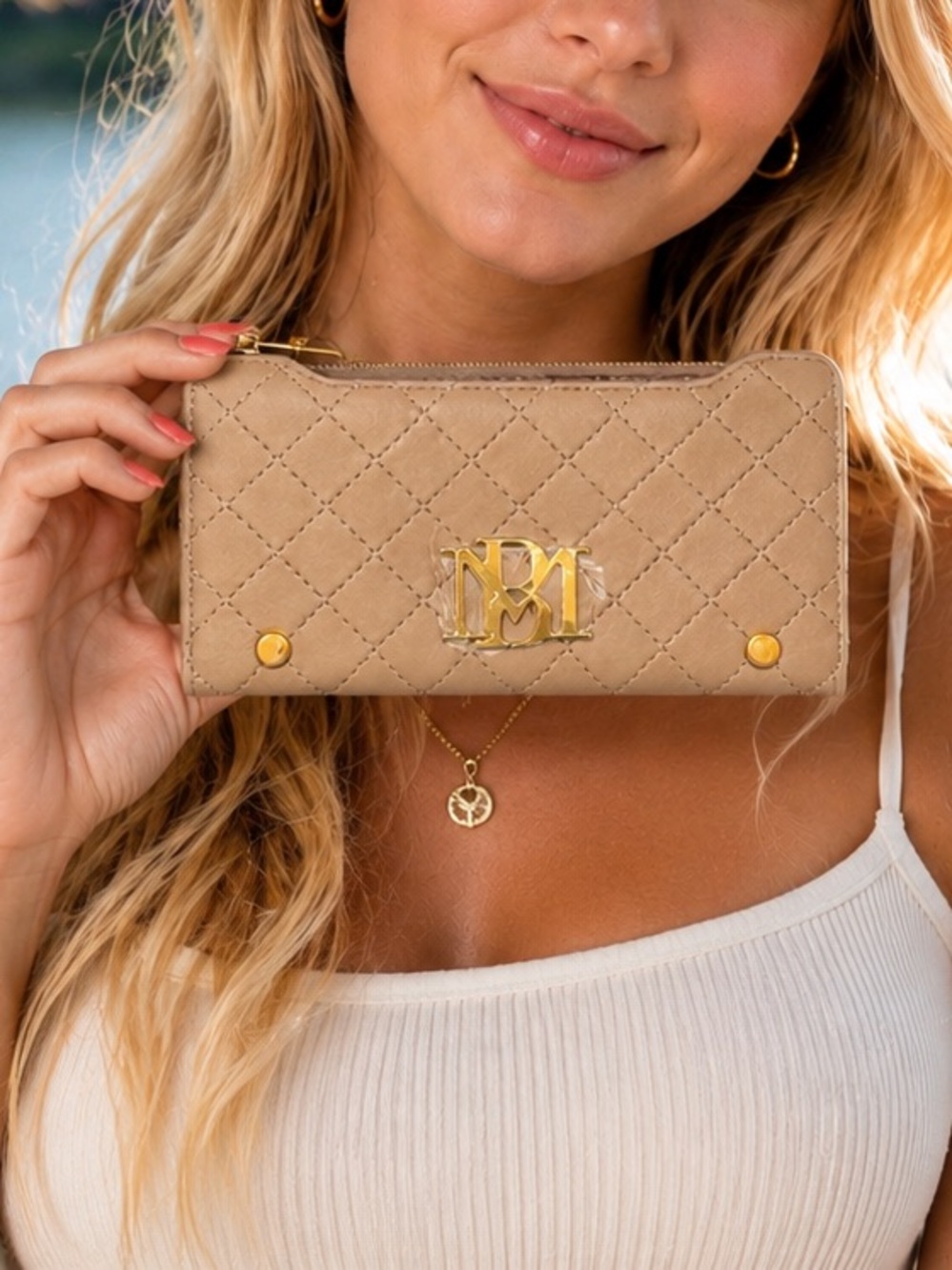 Badgley Mischka Quilted Taupe Vegan Leather Clutch with Gold Logo